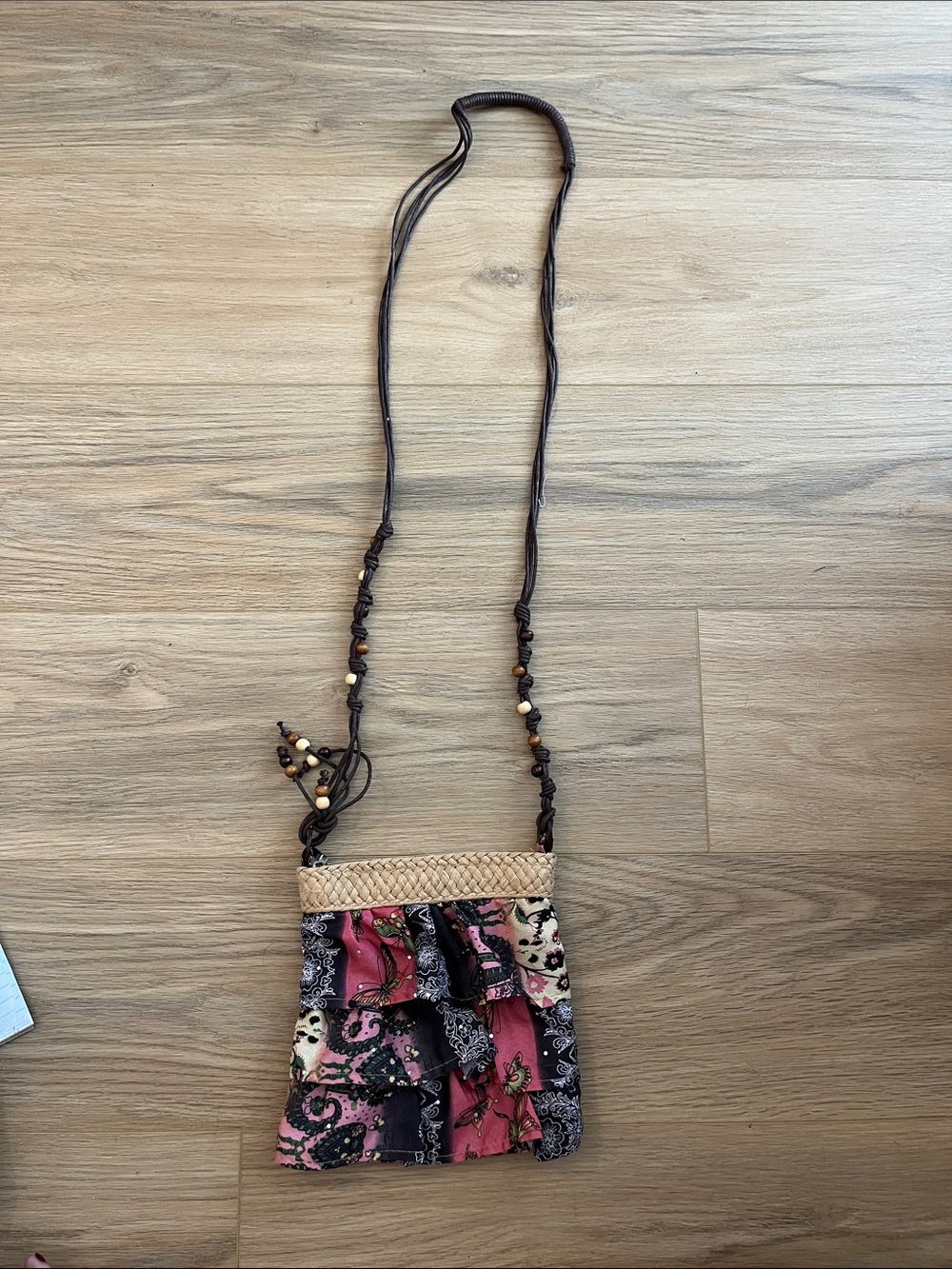 Capelli Straworld Beaded Macrame Strap with Straw Trim Patchwork Crossbody